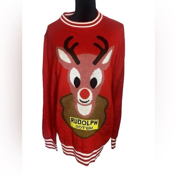 TIPSY ELVES MENS RED RUDOLPH UGLY CHRISTMAS SWEATER FESTIVE HOLIDAY SIZE XL - Picture 4 of 10